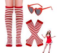 Party Fashion - Collants pour enfants avec accessoires rouges et blancs, 1 paire de collants rayés, 1 paire de gants, 1 paire de lunettes cœur - Taille unique