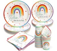 PARTY GO Lot de 100 assiettes de fête arc-en-ciel avec inscription « Schön, dass du da bist », contient des assiettes en carton de 23 cm, des assiettes en carton de 18 cm, des gobelets en carton de 9
