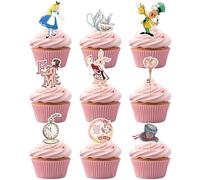 Party Go Lot de 36 décorations pour cupcakes Alice au pays des merveilles avec chapeau, bol, clé et horloge « Eat Me Try Me » - Décorations de gâteaux pour fête prénatale, anniversaire, fête sur le
