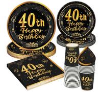 PARTY GO Lot de 96 pièces de vaisselle d'anniversaire pour enfants - Noir et doré - Décoration de table pour 24 invités