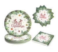 PARTY GO Vaisselle de Noel Jetable En Papier Et Serviettes De Noël 50 Pièces, 23cm Assiette Motif Branches De Pin Vertes, pour 25 Convives, pour Noël Fêtes Décoration