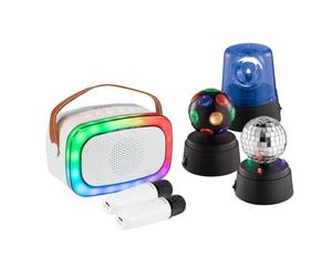 Party Light & Sound - Pack Karaoké Enceinte Enfant Bluetooth USB Party KARAKID20 2 Micros sans Fil - 3 Mini Effets Lumière LED Soirée Anniversaire