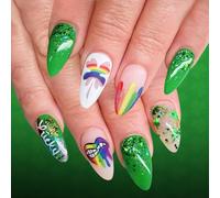 Party Ready Lot de 24 faux ongles à paillettes vertes et motifs trèfles pour célébrations ajoutant du charme et de la fortune