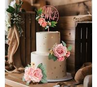 Party to Be 1 Pièce Bois Mr&Mrs Cake Topper Mariage & 2 Pièces Roses Rosées 3D Fleurs Artificielles Décoration Gâteau Mariage（Pink）
