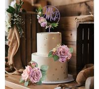 Party to Be 1 Pièce Bois Mr&Mrs Cake Topper Mariage & 2 Pièces Roses Violette s 3D Fleurs Artificielles Décoration Gâteau Mariage（Violet ）