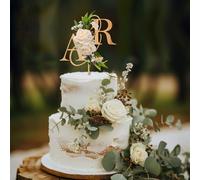 Party to Be 3D Fleurs Artificielles Cake Topper Mariage Personnalisé avec Initials Décoration de Gâteau pour Anniversaire de Mariage en Bois（Couleur Chêne）