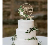 Party to Be Baptême Cake Topper Personnalisé avec Prénom et Date Camélias Blancs Décoration de Gâteau Baptême Communion Confirmation en Bois