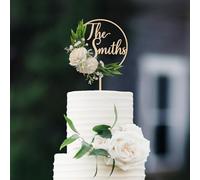 Party to Be Cake Topper Mariage Personnalisé 3D Fleurs Artificielles avec Nom de Famille Décoration Gateau Mariage en Bois