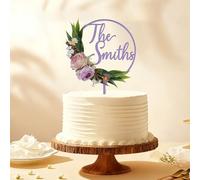 Party to Be Cake Topper Mariage Personnalisé 3D Fleurs Artificielles avec Nom de Famille et Rose Violette Décoration Gateau Mariage en Bois（Lavande）