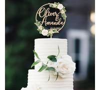 Party to Be Cake Topper Mariage Personnalisé avec Prénoms et Date Décoration de Gâteau avec Fleurs et Verdure pour Anniversaire de Mariage en Bois (Fleur 1)