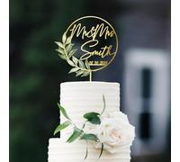 Party to Be Cake Topper Mariage personnalisé Mr & Mrs avec Last Name Decoration Gateau Mariage en Acrylique ou Bois (Style 05)