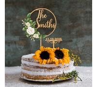 Party to Be Last Name Cake Topper Mariage Personnalisé avec Prénom et Date Décoration Gâteau Mariage Anniversaire en Bois（Camélias Blancs）