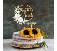 Party to Be Mr Mrs Cake Topper Mariage Personnalisé avec Prénom et Date Décoration Gâteau Mariage Anniversaire en Bois（Roses Blanches）