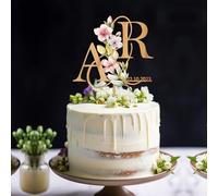 Party to Be Printemps Initials Cake Topper Mariage Personnalisé avec Fleurs Décoration Gâteau Mariage en Bois(Spring Flowers)
