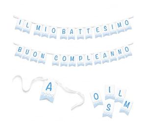 Party Village Bannière avec 33 fanions bleus avec ruban de 5 m, 6 inscriptions composables en italien pour garçon - baptême, joyeux anniversaire, communion, confirmation, nombreux voeux, bienvenue