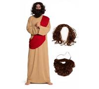 Partychimp Costume de Jésus-Christ pour homme Tunique 3 pièces avec écharpe cousue, perruque et barbe Prophète Costume de carnaval pour homme Halloween Costumes religieux Bible - Taille unique