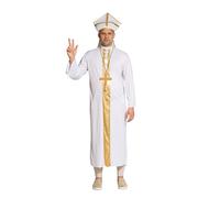 Partychimp Costume de prêtre Déguisement pour Homme Vêtements de Carnaval Halloween Pape Costume Complet Moine Évêque pour Homme Blanc/Or Taille Unique 3 Pièces Robe/Mitre & Croix