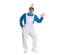 Partychimp Costume de Schtroumpf Bleu Costume de Lutin Homme Schtroumpf Nain pour Adulte Ensemble Complet 3 Pièces Chemise Pantalon & Coiffe Tailles S à XL (S)