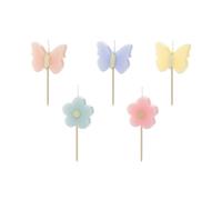 PartyDeco – 5 bougies en cire Papillons et Fleurs 3,5 cm colorées