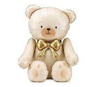 Ballon gonflable en forme d'ours, 84 cm, crème avec nœud doré, ballon debout pour fête prénatale et fête d'enfants