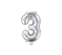PartyDeco Ballon en Mylar en Forme de Chiffre 3 Trois Argent 35 cm Anniversaire Adulte Enfant