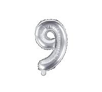 PartyDeco Ballon en Mylar en Forme de Chiffre 9 Neuf Argent 35 cm Anniversaire Adulte Enfant