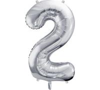 PartyDeco Ballon gonflé à l'hélium - Décoration d'anniversaire - Ballon en plastique - Chiffre 2 - Argent - 86 cm