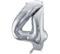PartyDeco Ballon gonflé à l'hélium - Décoration d'anniversaire - Ballon en plastique - Chiffre 4 - Argent - 86 cm