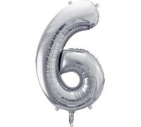 PartyDeco Ballon gonflé à l'hélium - Décoration d'anniversaire - Ballon en plastique - Chiffre 6 - Argent - 86 cm