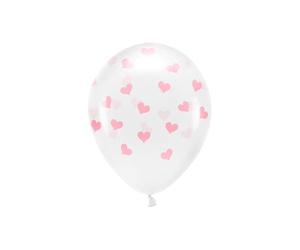 PartyDeco Ballons transparents en latex écologique avec cœurs imprimés, rose, Saint-Valentin, fiançailles, mariage