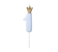 PartyDeco Bougie d'anniversaire chiffre 1 – bleu clair – 9.5 cm – couronne pailletée dorée
