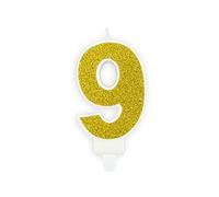 PartyDeco Bougie Gâteau Numéro 9 Neuf avec Paillettes Or Anniversaire Enfant Adulte