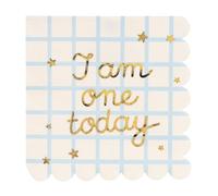 PartyDeco Lot de 20 serviettes 1er anniversaire « I am one » doré/bleu clair 33 x 33 cm