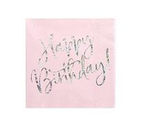 PartyDeco Lot de 20 serviettes de table Happy Birthday Rose poudré clair 33 x 33 cm