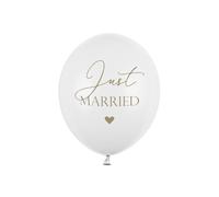 PartyDeco Lot de 50 ballons en latex avec impression Just Married en doré pour Hel - Ballons blancs avec impression - Diamètre : environ 30 cm (1 op. 50 pièces) pour mariage, anniversaire, mariage,