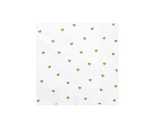 PartyDeco Serviettes blanches avec impression dorée en forme de cœurs - Serviettes de table pour anniversaire, Saint Valentin, mariage, lune de miel - Mouchoirs imprimés