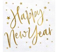 PartyDeco Serviettes blanches avec impression dorée Happy New Year- Serviettes en papier imprimées Décoration du Nouvel An Vaisselle jetable Nappe en papier
