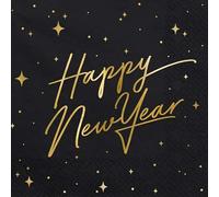 PartyDeco Serviettes Nouvel An 33 x 33 Happy New Year Noir or 20 pièces