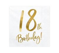 PartyDeco SP33-77-18-008 - Serviettes 18. anniversaire - blanc avec inscription doré - 33x33cm (1 VPE / 20 Stk.)