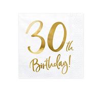 PartyDeco Serviettes SP33-77-30-008 30e anniversaire blanc avec inscription dorée 33x33 cm 20 pièces