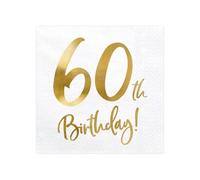 PartyDeco SP33-77-60-008 - Serviettes 60. anniversaire - blanc avec inscription doré - 33x33cm (1 VPE / 20 Stk.)
