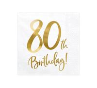 PartyDeco SP33-77-80-008 - Serviettes 80. anniversaire - blanc avec inscription doré - 33x33cm (1 VPE / 20 Stk.)