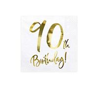 PartyDeco SP33-77-90-008 - Serviettes 90. anniversaire - blanc avec inscription doré - 33x33cm (1 VPE / 20 Stk.)