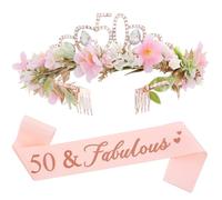 PartyforU Couronne d'anniversaire et écharpe, diadème à fleurs roses et dorées, couronne 50e anniversaire et écharpe fabuleuse, accessoires Happy Birthday pour adultes et femmes, cadeau d'anniversaire
