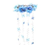 PartyforU Couronne de fleurs bleues pour femme, bandeau floral avec papillon, couronne de vigne, hippie, pour fête de mariage, fête prénuptiale, Renaissance