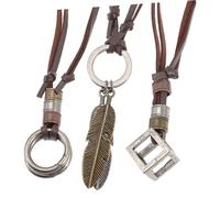 PartyKindom 3 pièces Collier Vintage Cuir Double Anneaux Pendentif pour Hommes Femmes Cordon Cuir Marron Style Rétro