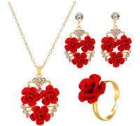 PartyKindom Ensemble Collier Boucles D'oreilles Bague Roses Rouges Alliage pour Femmes Présent Romantique Saint-valentin Soirée Taille Unique