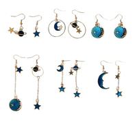 PartyKindom Lot de 6 Paires de Boucles D’oreilles Longues Pendantes en Alliage Bleu, Boucles D’oreilles Étoiles et Pompons pour Femmes, Style Asymétrique, Bijoux Fantaisie pour Usage