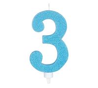 PARTYLOSOPHY Grande bougie de 15,5 cm pour gâteau d'anniversaire numéro 3 bleu effet pailleté - Idéal pour les fêtes d'anniversaire, les fêtes prénatales, les mariages d'or ou d'argent