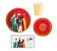 PARTYLOSOPHY OH Yeah - Service de table de Noël 38 pièces - Décoration de table de Noël - 6 personnes - Kit de table - Vaisselle jetable - Rouge et doré - Rois Mages - Design unique
